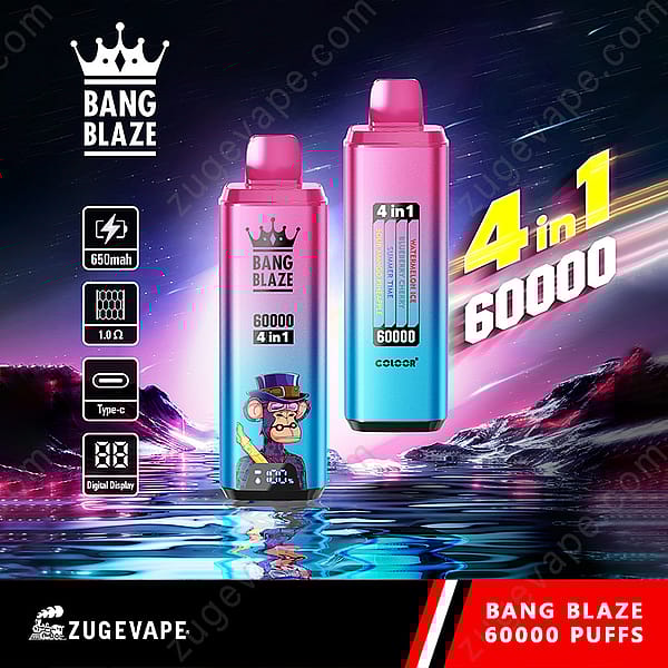 Promotional Image Featuring Two Vibrant Pink And Blue Bang Blaze 4-In-1 Vape Devices With 60,000 Puffs, Digital Display, And A Cartoon Monkey Graphic, Set Against A Neon-Lit Futuristic Landscape, With Product Features Like 650Mah Battery And Type-C Charging Highlighted.